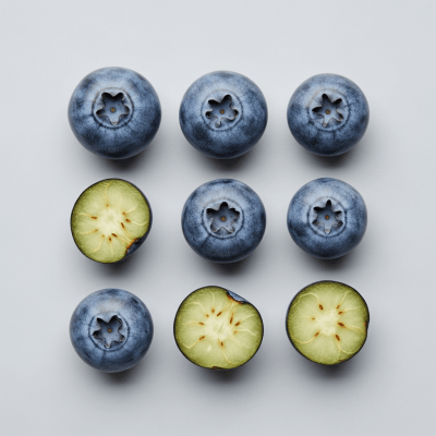 An overhead view photograph of several pieces of the Blueberry, from the fruits taxonomy, arranged aesthetically on a plain background