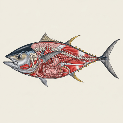 Detailed anatomical illustration of a Bluefin Tuna, part of the taxonomy fish