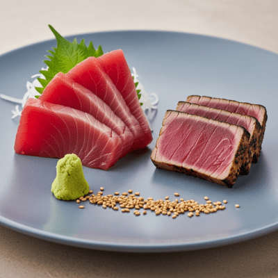 A culinary presentation featuring a prepared dish made with Bluefin Tuna, of the taxonomy fish