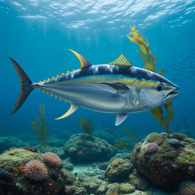 Underwater scene featuring a single Bluefin Tuna