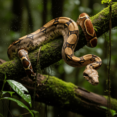 A dynamic action shot of a Common Boa Constrictor, part of the taxonomy reptiles, in motion such as climbing, swimming, basking, or hunting in its environment