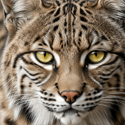 Close-up macro photograph focusing on the facial features and fur texture of a Bobcat