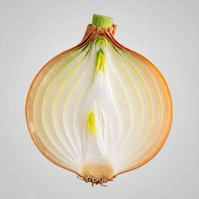 A detailed cross-sectional image of a Boiling onion (onions) cut in half to reveal its internal layers and structure
