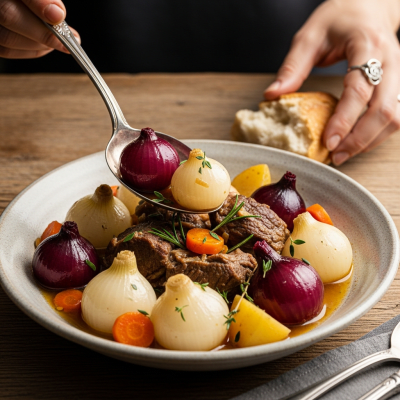 A cultural representation of a Boiling onion (onions) featured in a traditional dish or meal setting
