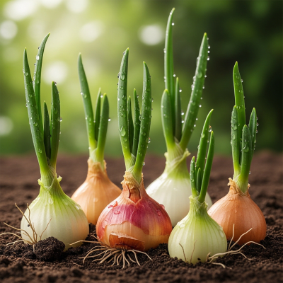 A photograph of a Boiling onion (onions) in its natural environment or growing in soil