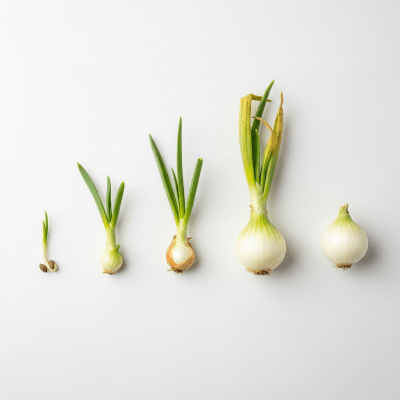 An image showing multiple stages of growth for a single type of Boiling onion (onions), from seedling to mature bulb