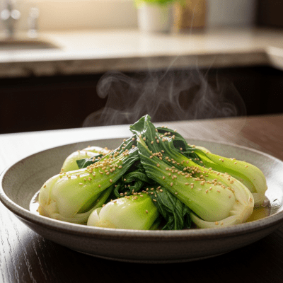 Photograph of a prepared dish or serving featuring the Bok Choy, as commonly used in cuisine within the taxonomy vegetables