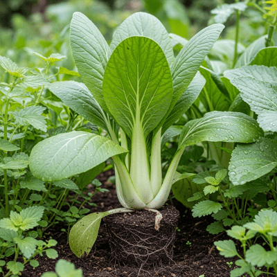Naturalistic image of a Bok Choy in its typical growing environment, as found in nature or a cultivated garden