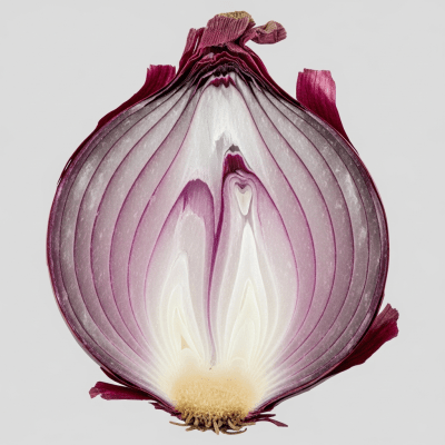 A detailed cross-sectional image of a Bombay Red onion (onions) cut in half to reveal its internal layers and structure