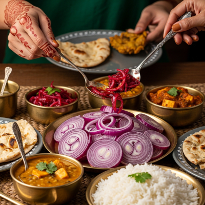 A cultural representation of a Bombay Red onion (onions) featured in a traditional dish or meal setting