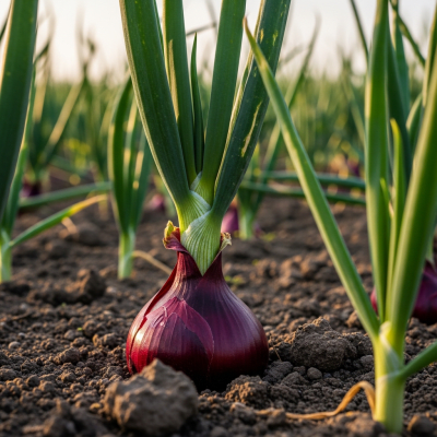 A photograph of a Bombay Red onion (onions) in its natural environment or growing in soil