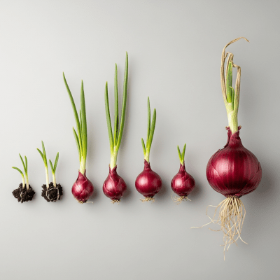 An image showing multiple stages of growth for a single type of Bombay Red onion (onions), from seedling to mature bulb