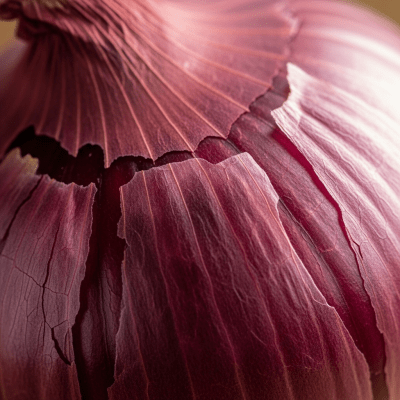 A macro photograph highlighting the surface texture and skin details of a Bombay Red onion