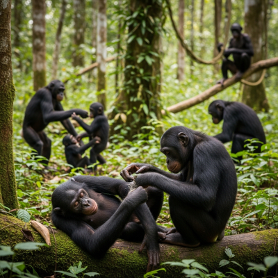 Image showing a group of Bonobo (apes) engaging in typical social behavior