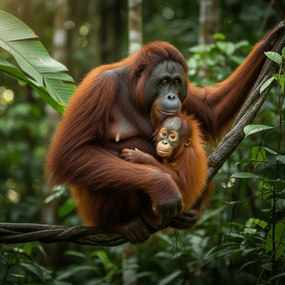 Photograph of a juvenile Bornean orangutan (apes) alongside an adult in their environment