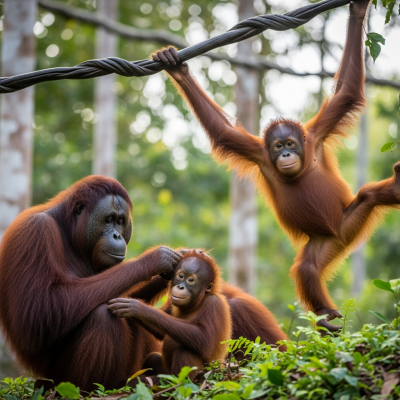 Image showing a group of Bornean orangutan (apes) engaging in typical social behavior
