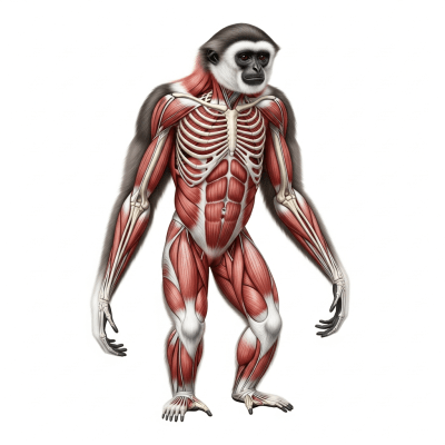 Detailed anatomical illustration of a Bornean white-bearded gibbon, part of the taxonomy apes