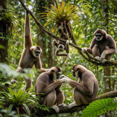 Image showing a group of Bornean white-bearded gibbon (apes) engaging in typical social behavior