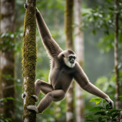Photograph of a Bornean white-bearded gibbon (apes) in its natural habitat
