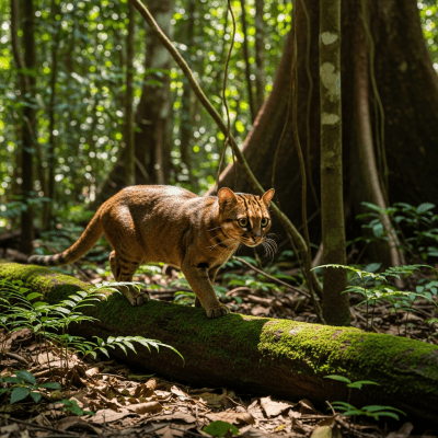 Photorealistic image of a Borneo Bay Cat (felines) in its natural habitat