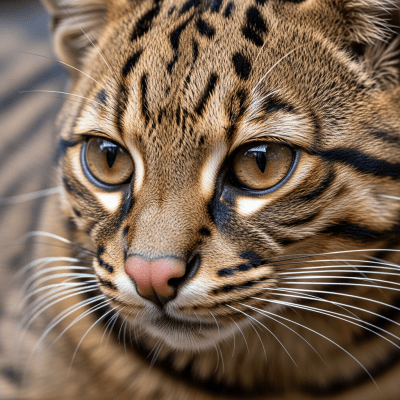 Close-up macro photograph focusing on the facial features and fur texture of a Borneo Bay Cat