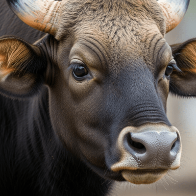 Close-up photograph of the head and face of a Bos gaurus (gaur), focusing on distinctive features such as eyes, ears, and fur texture