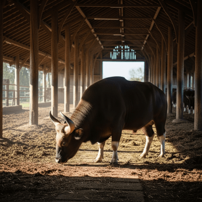 Documentary-style image of a Bos gaurus (gaur) in a barn or shelter environment, showing typical housing conditions for cows