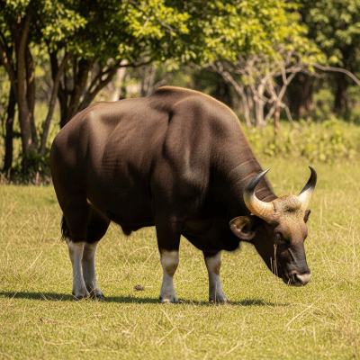 Naturalistic image of a Bos gaurus (gaur) in its typical environment, such as a grassy pasture or open field