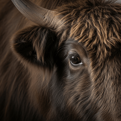 Close-up photograph of the head and face of a Bos grunniens (domestic yak / wild yak), focusing on distinctive features such as eyes, ears, and fur texture