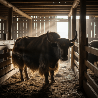 Documentary-style image of a Bos grunniens (domestic yak / wild yak) in a barn or shelter environment, showing typical housing conditions for cows