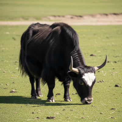 Naturalistic image of a Bos grunniens (domestic yak / wild yak) in its typical environment, such as a grassy pasture or open field