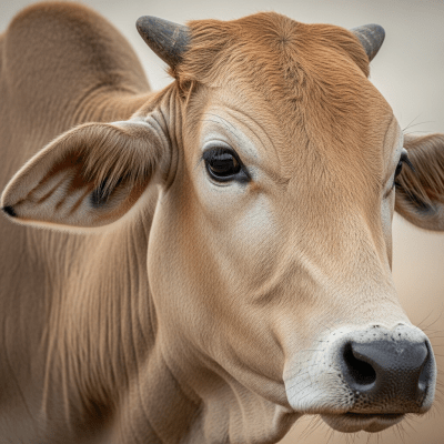 Close-up photograph of the head and face of a Bos indicus (zebu/indicine cattle), focusing on distinctive features such as eyes, ears, and fur texture