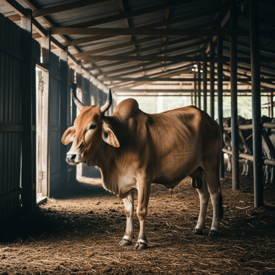 Documentary-style image of a Bos indicus (zebu/indicine cattle) in a barn or shelter environment, showing typical housing conditions for cows