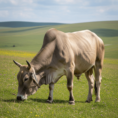 Naturalistic image of a Bos indicus (zebu/indicine cattle) in its typical environment, such as a grassy pasture or open field