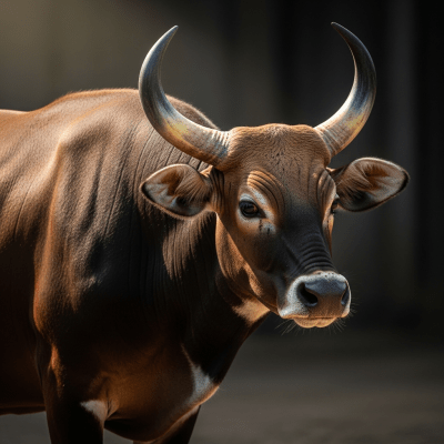 Editorial-style portrait of a Bos javanicus (banteng) from the taxonomy cows, with dramatic lighting and shallow depth of field to highlight unique features or markings.