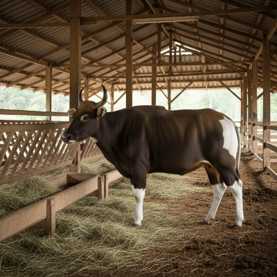Documentary-style image of a Bos javanicus (banteng) in a barn or shelter environment, showing typical housing conditions for cows