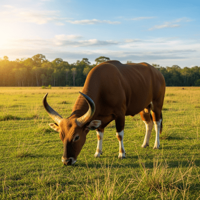 Naturalistic image of a Bos javanicus (banteng) in its typical environment, such as a grassy pasture or open field