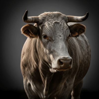 Editorial-style portrait of a Bos taurus (domestic taurine cattle) from the taxonomy cows, with dramatic lighting and shallow depth of field to highlight unique features or markings.