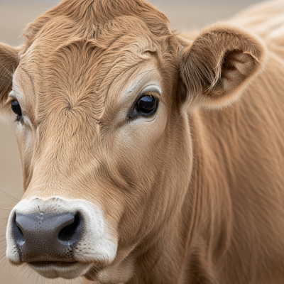 Close-up photograph of the head and face of a Bos taurus (domestic taurine cattle), focusing on distinctive features such as eyes, ears, and fur texture