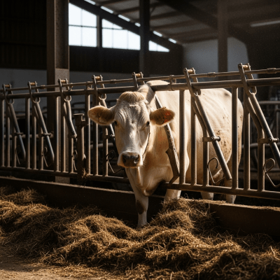 Documentary-style image of a Bos taurus (domestic taurine cattle) in a barn or shelter environment, showing typical housing conditions for cows