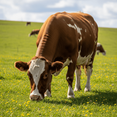 Naturalistic image of a Bos taurus (domestic taurine cattle) in its typical environment, such as a grassy pasture or open field