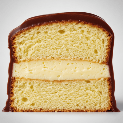 Detailed cross-sectional view of a sliced Boston Cream Pie (cake), showing internal layers, textures, and ingredients