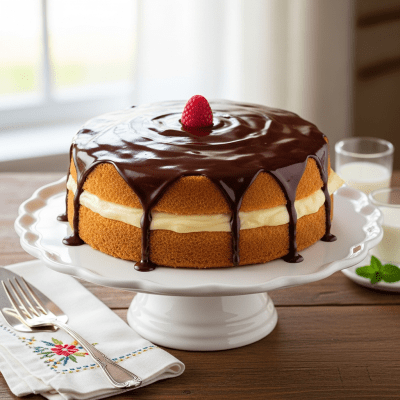 A realistic image of a whole Boston Cream Pie (cake) displayed on a classic dessert table in a home or bakery setting