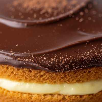 Close-up macro photograph of the surface texture and decoration of a Boston Cream Pie (cake)