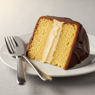 An image of a single slice of Boston Cream Pie, from the cake taxonomy, isolated on a plate with simple cutlery