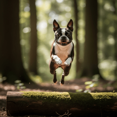 Full body action shot of a Boston Terrier