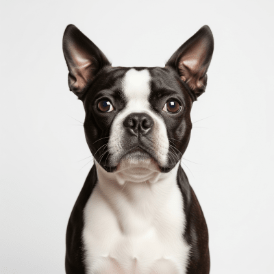 High quality studio photograph of a single Boston Terrier