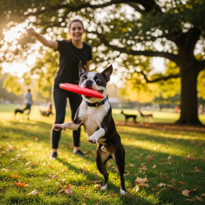 Image of a Boston Terrier interacting with humans in a typical cultural or domestic setting