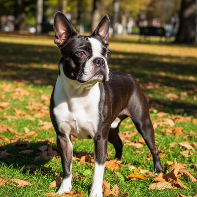 Naturalistic outdoor image of a Boston Terrier