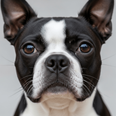 Close-up photograph of the face of a Boston Terrier